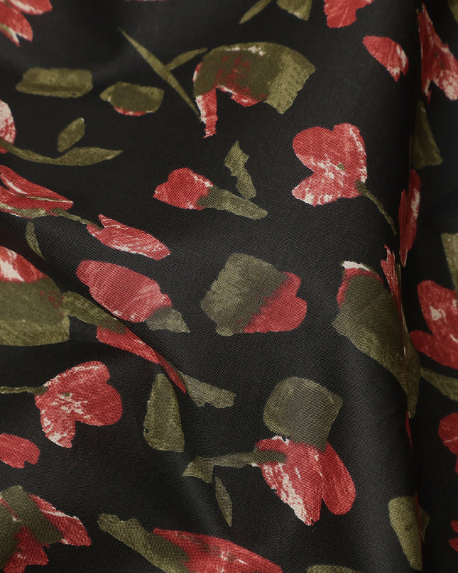 Black Red Olive Abstract Floral Print Cotton Lawn Fabric – Contemporary Botanical Design, 110 cm Width, Made in Japan-D26833