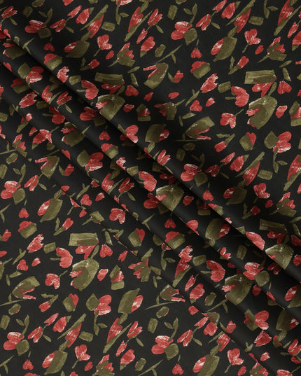Black Red Olive Abstract Floral Print Cotton Lawn Fabric – Contemporary Botanical Design, 110 cm Width, Made in Japan-D26833