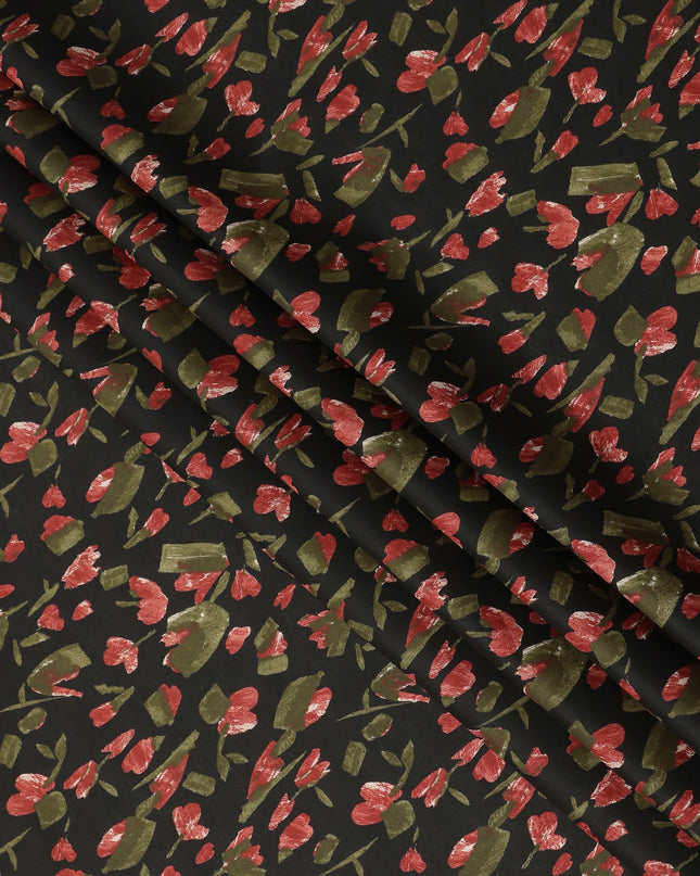 Black Red Olive Abstract Floral Print Cotton Lawn Fabric – Contemporary Botanical Design, 110 cm Width, Made in Japan-D26833