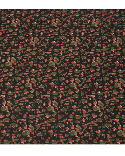Black Red Olive Abstract Floral Print Cotton Lawn Fabric – Contemporary Botanical Design, 110 cm Width, Made in Japan-D26833
