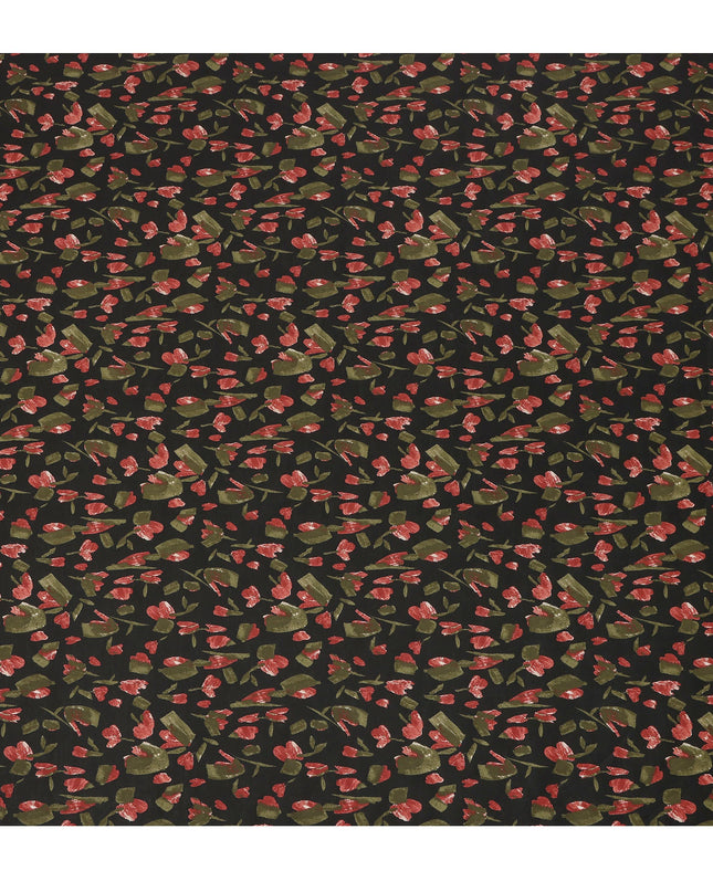 Black Red Olive Abstract Floral Print Cotton Lawn Fabric – Contemporary Botanical Design, 110 cm Width, Made in Japan-D26833