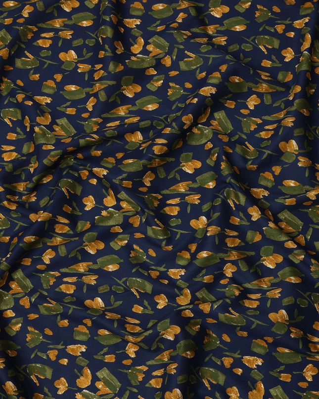 Navy Mustard Green Abstract Floral Print Cotton Lawn Fabric – Modern Artistic Design, 110 cm Width, Made in Japan-D26836