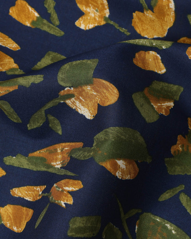 Navy Mustard Green Abstract Floral Print Cotton Lawn Fabric – Modern Artistic Design, 110 cm Width, Made in Japan-D26836
