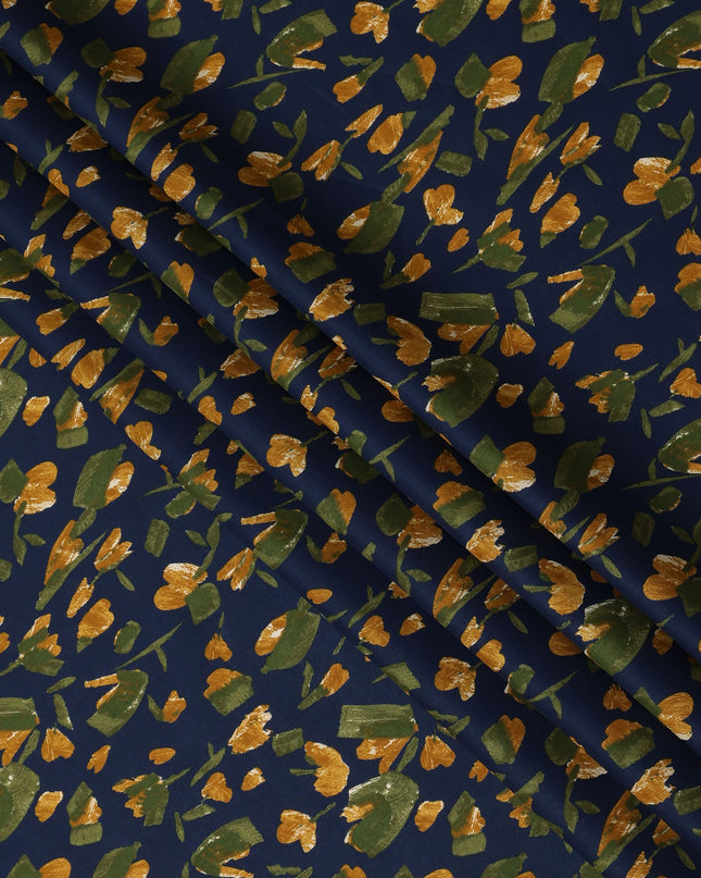 Navy Mustard Green Abstract Floral Print Cotton Lawn Fabric – Modern Artistic Design, 110 cm Width, Made in Japan-D26836