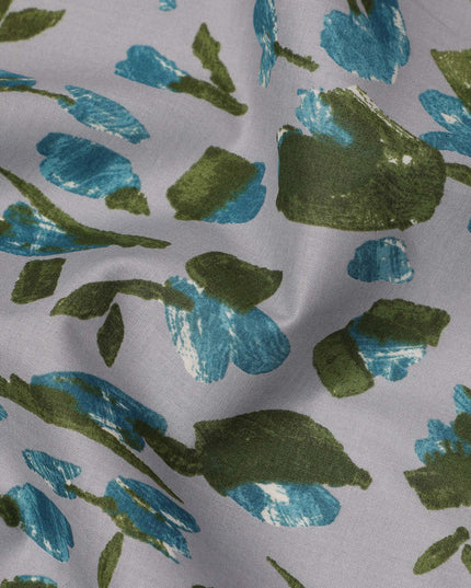 Grey Blue Green Abstract Floral Print Cotton Lawn Fabric – Modern Artistic Design, 110 cm Width, Made in Japan-D26835