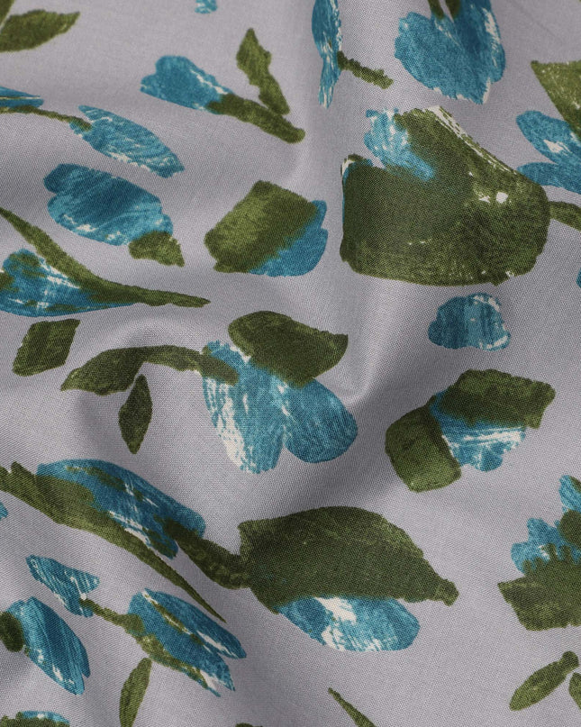 Grey Blue Green Abstract Floral Print Cotton Lawn Fabric – Modern Artistic Design, 110 cm Width, Made in Japan-D26835