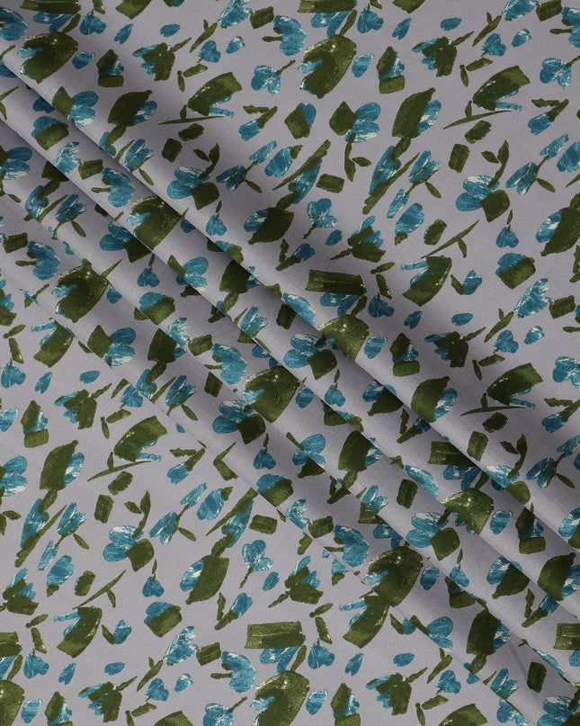 Grey Blue Green Abstract Floral Print Cotton Lawn Fabric – Modern Artistic Design, 110 cm Width, Made in Japan-D26835