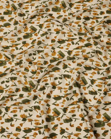 Cream Mustard Green Abstract Floral Print Cotton Lawn Fabric – Modern Artistic Design, 110 cm Width, Made in Japan-D26837