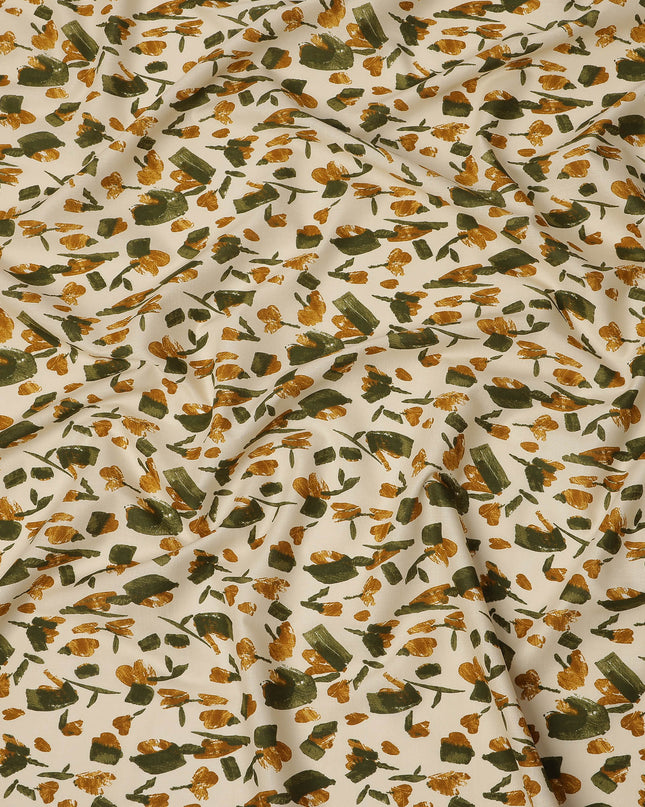 Cream Mustard Green Abstract Floral Print Cotton Lawn Fabric – Modern Artistic Design, 110 cm Width, Made in Japan-D26837