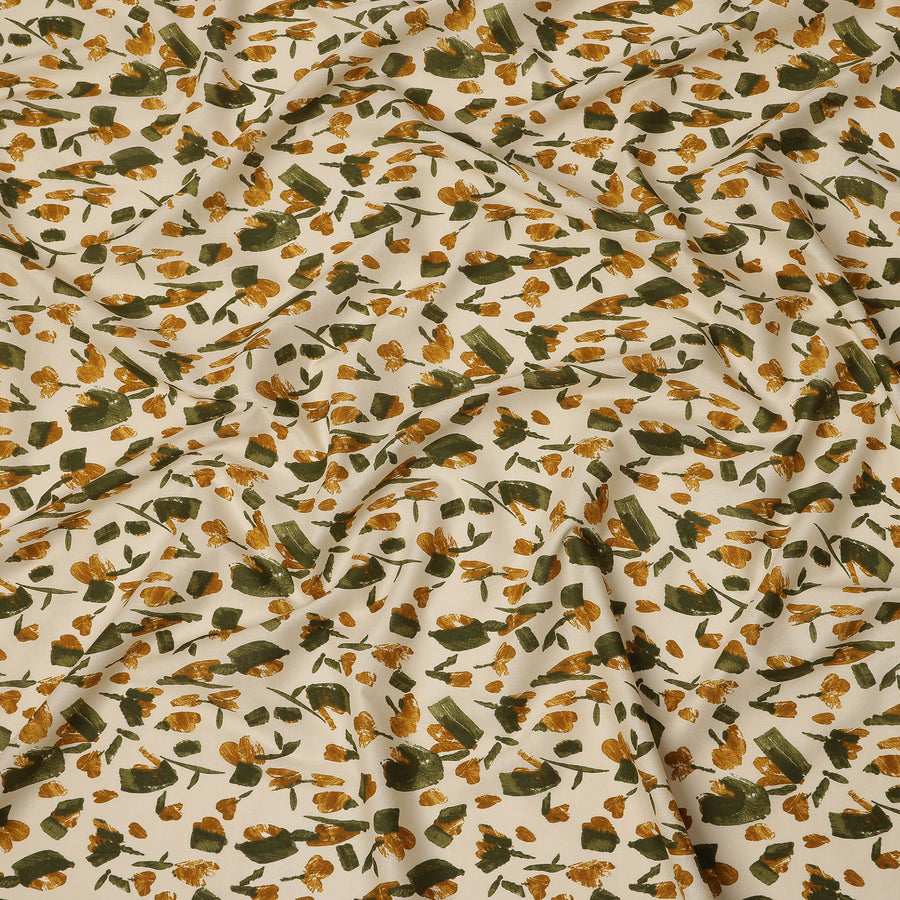 Cream Mustard Green Abstract Floral Print Cotton Lawn Fabric – Modern Artistic Design, 110 cm Width, Made in Japan-D26837