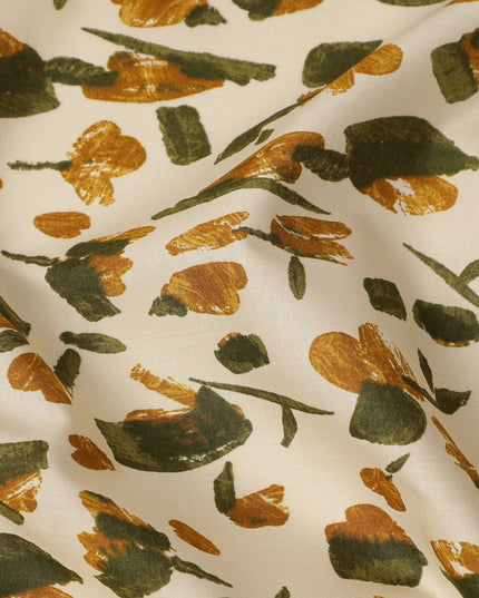 Cream Mustard Green Abstract Floral Print Cotton Lawn Fabric – Modern Artistic Design, 110 cm Width, Made in Japan-D26837