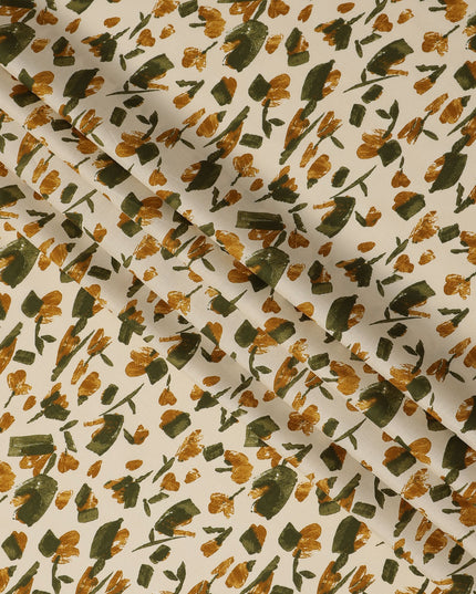 Cream Mustard Green Abstract Floral Print Cotton Lawn Fabric – Modern Artistic Design, 110 cm Width, Made in Japan-D26837