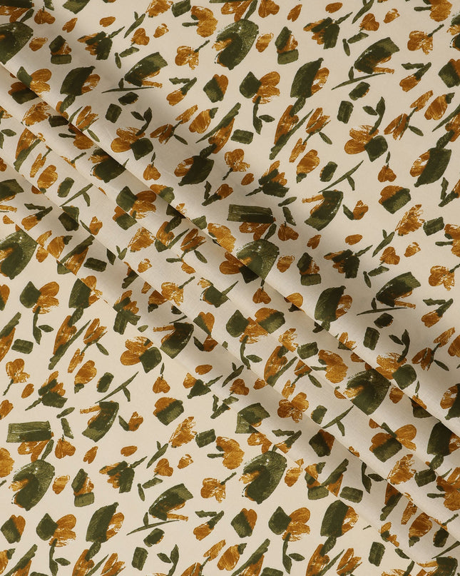Cream Mustard Green Abstract Floral Print Cotton Lawn Fabric – Modern Artistic Design, 110 cm Width, Made in Japan-D26837