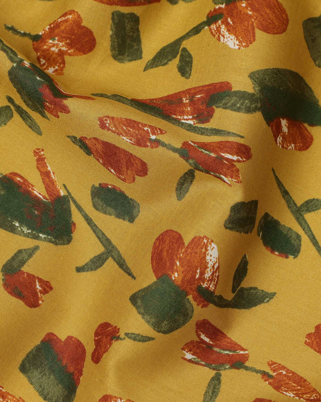 Mustard Orange Green Abstract Floral Print Cotton Lawn Fabric – Contemporary Artistic Design, 110 cm Width, Made in Japan-D26834