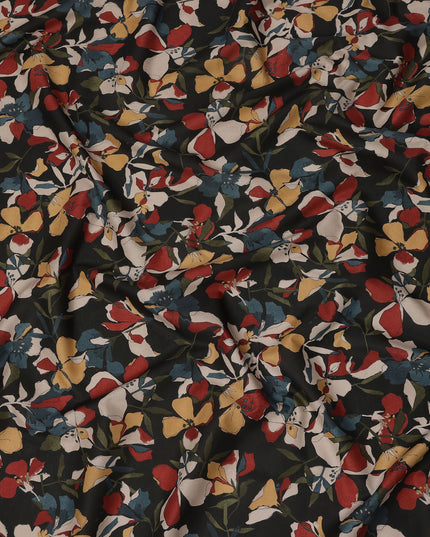 Black Multicolor Floral Print Cotton Lawn Fabric – Artistic Bloom Design, 110 cm Width, Made in Japan-D26842