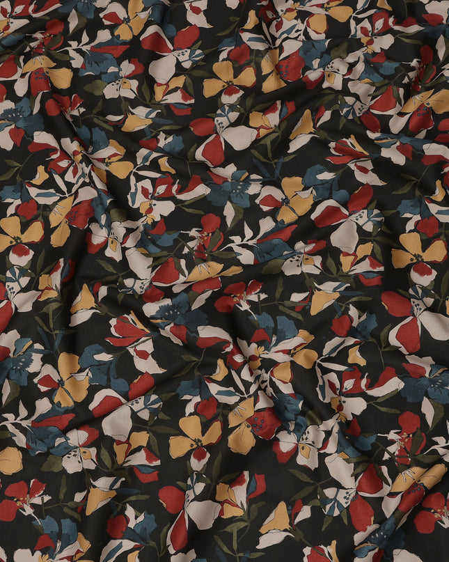 Black Multicolor Floral Print Cotton Lawn Fabric – Artistic Bloom Design, 110 cm Width, Made in Japan-D26842