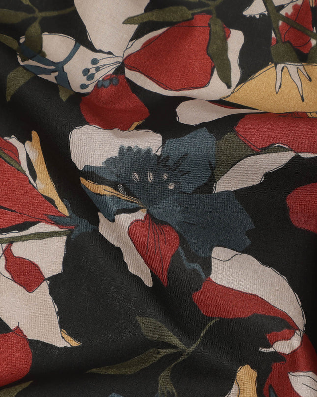 Black Multicolor Floral Print Cotton Lawn Fabric – Artistic Bloom Design, 110 cm Width, Made in Japan-D26842
