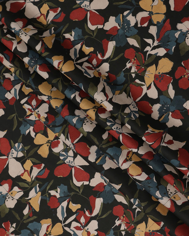 Black Multicolor Floral Print Cotton Lawn Fabric – Artistic Bloom Design, 110 cm Width, Made in Japan-D26842