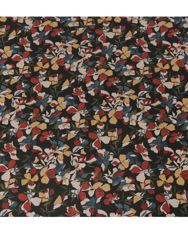 Black Multicolor Floral Print Cotton Lawn Fabric – Artistic Bloom Design, 110 cm Width, Made in Japan-D26842