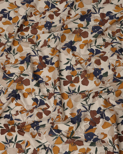 Cream Brown Navy Multicolor Floral Print Cotton Lawn Fabric – Artistic Bloom Design, 110 cm Width, Made in Japan-D26839