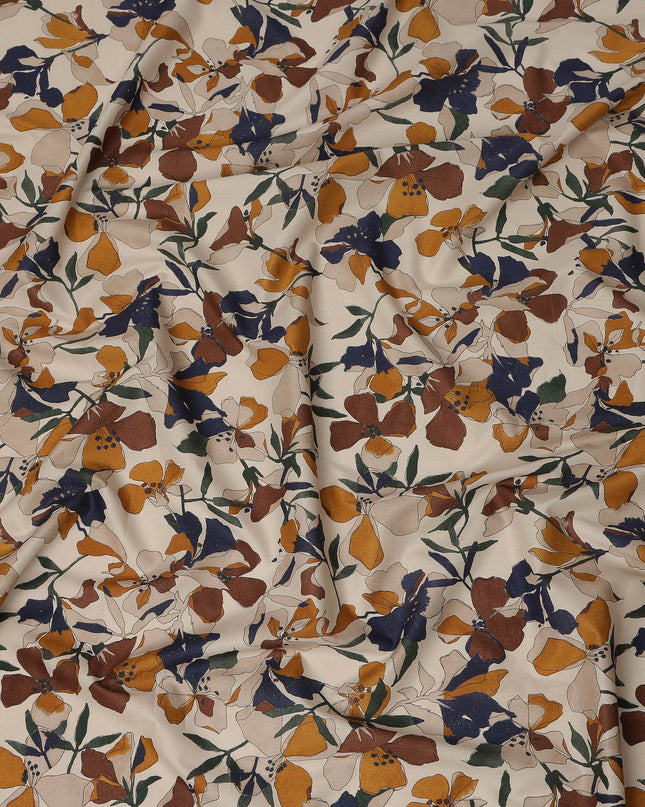 Cream Brown Navy Multicolor Floral Print Cotton Lawn Fabric – Artistic Bloom Design, 110 cm Width, Made in Japan-D26839