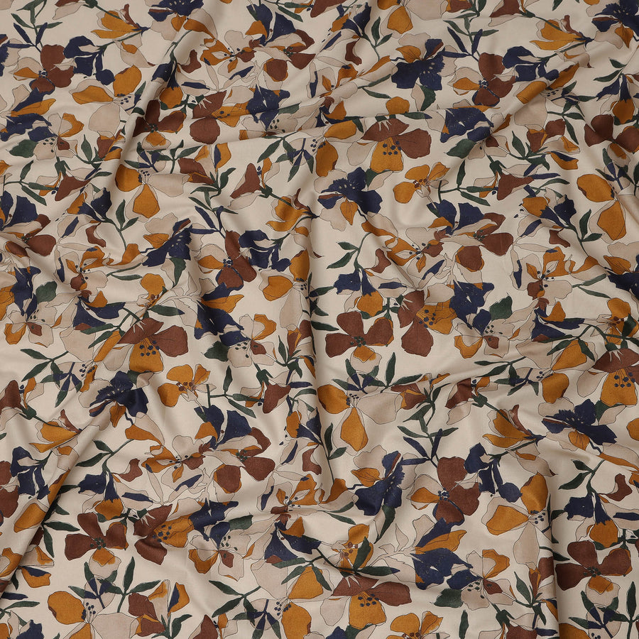 Cream Brown Navy Multicolor Floral Print Cotton Lawn Fabric – Artistic Bloom Design, 110 cm Width, Made in Japan-D26839