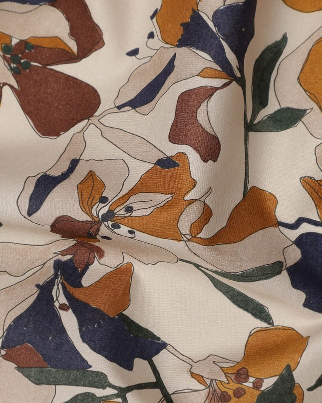 Cream Brown Navy Multicolor Floral Print Cotton Lawn Fabric – Artistic Bloom Design, 110 cm Width, Made in Japan-D26839