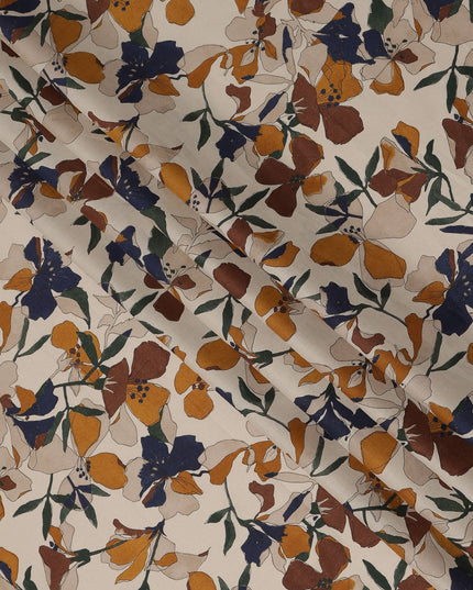 Cream Brown Navy Multicolor Floral Print Cotton Lawn Fabric – Artistic Bloom Design, 110 cm Width, Made in Japan-D26839