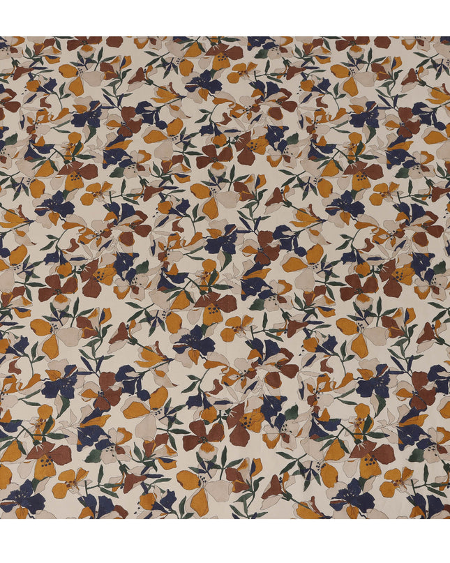 Cream Brown Navy Multicolor Floral Print Cotton Lawn Fabric – Artistic Bloom Design, 110 cm Width, Made in Japan-D26839