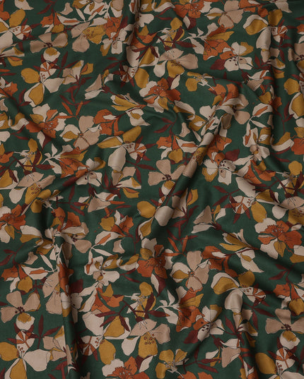 Green Mustard Rust Multicolor Floral Print Cotton Lawn Fabric – Artistic Bloom Design, 110 cm Width, Made in Japan-D26840