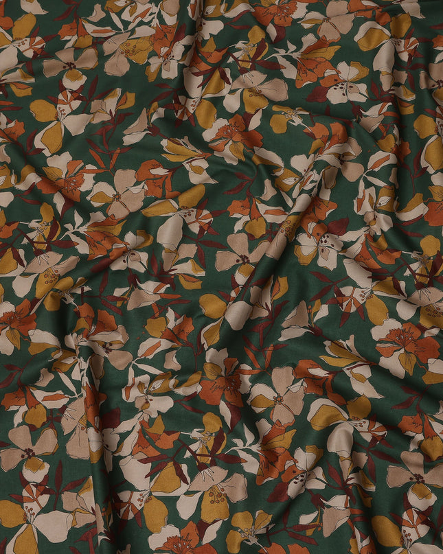 Green Mustard Rust Multicolor Floral Print Cotton Lawn Fabric – Artistic Bloom Design, 110 cm Width, Made in Japan-D26840