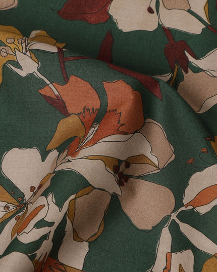 Green Mustard Rust Multicolor Floral Print Cotton Lawn Fabric – Artistic Bloom Design, 110 cm Width, Made in Japan-D26840