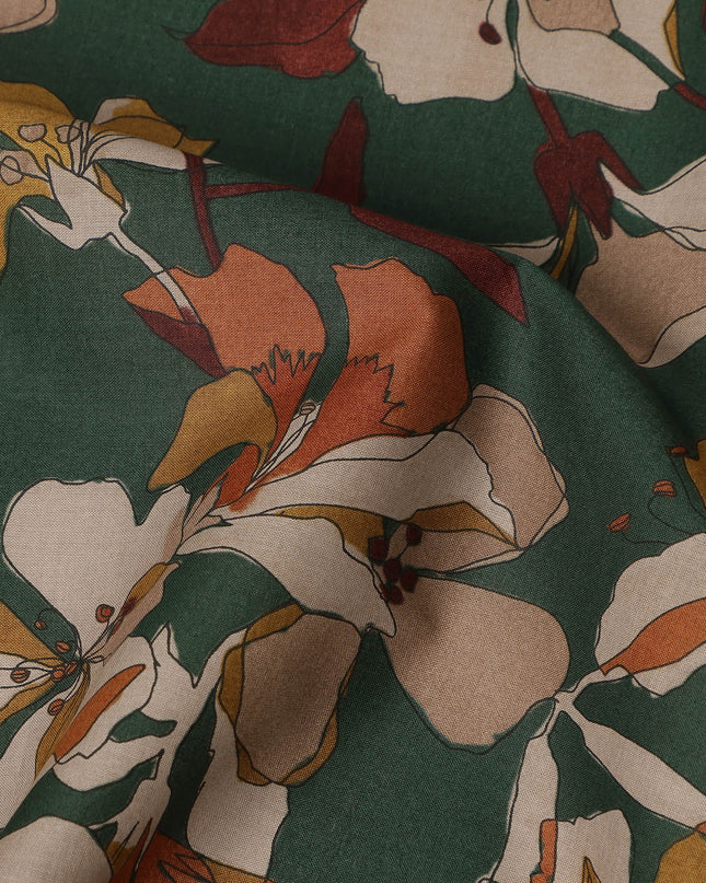 Green Mustard Rust Multicolor Floral Print Cotton Lawn Fabric – Artistic Bloom Design, 110 cm Width, Made in Japan-D26840