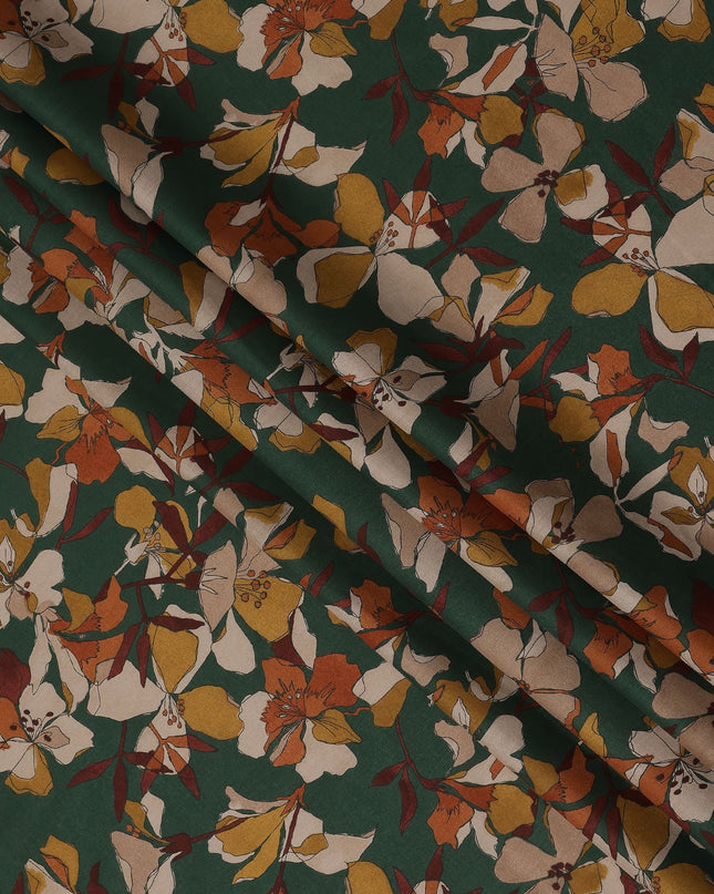 Green Mustard Rust Multicolor Floral Print Cotton Lawn Fabric – Artistic Bloom Design, 110 cm Width, Made in Japan-D26840