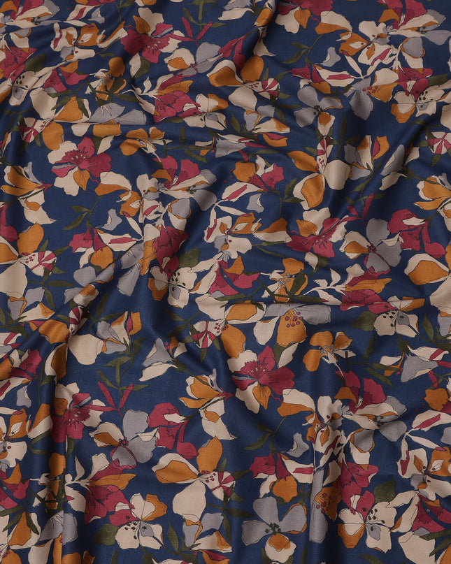Navy Multicolor Floral Print Cotton Lawn Fabric – Artistic Bloom Design, 110 cm Width, Made in Japan-D26838