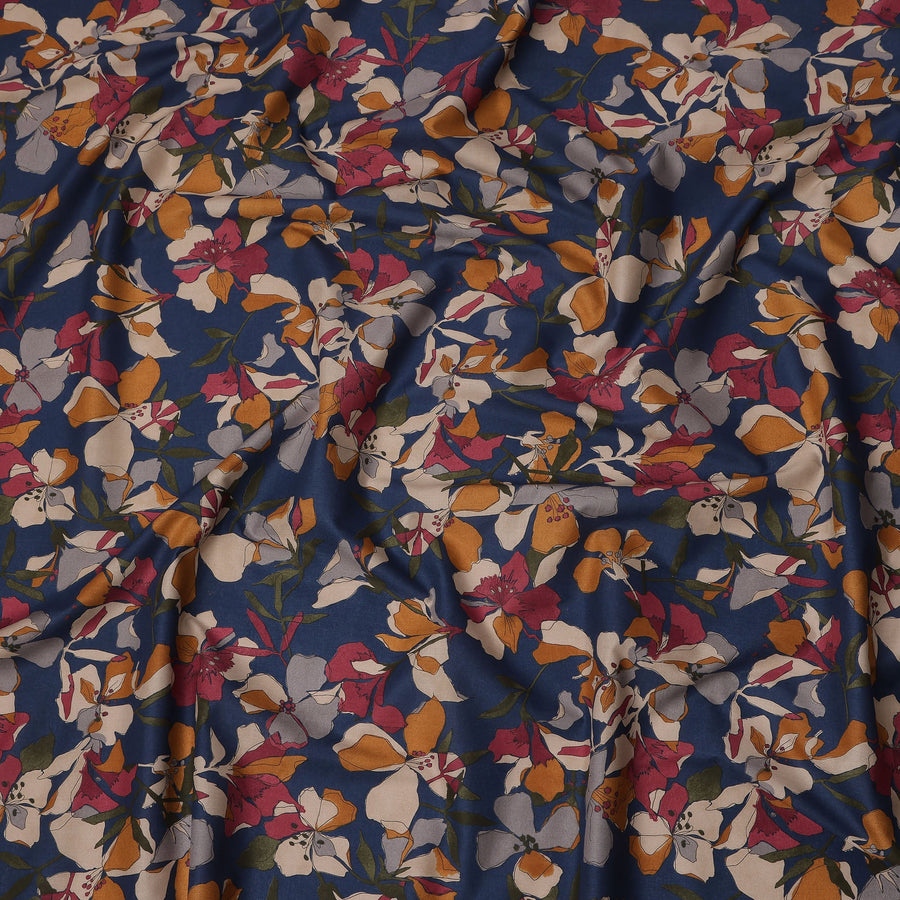 Navy Multicolor Floral Print Cotton Lawn Fabric – Artistic Bloom Design, 110 cm Width, Made in Japan-D26838