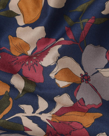 Navy Multicolor Floral Print Cotton Lawn Fabric – Artistic Bloom Design, 110 cm Width, Made in Japan-D26838