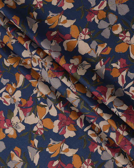 Navy Blue Floral Printed Cotton Lawn Fabric Soft Lightweight Breathable Dressmaking Sewing Material 4.0 Meters Length 110 Cms Width India-D27634