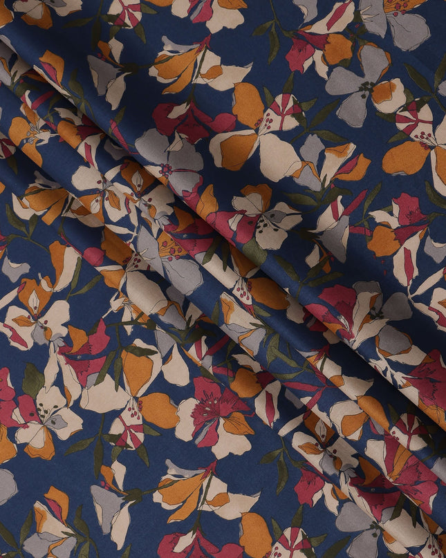 Navy Blue Floral Printed Cotton Lawn Fabric Soft Lightweight Breathable Dressmaking Sewing Material 4.0 Meters Length 110 Cms Width India-D27634