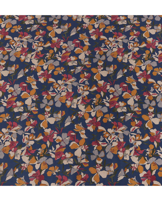 Navy Multicolor Floral Print Cotton Lawn Fabric – Artistic Bloom Design, 110 cm Width, Made in Japan-D26838