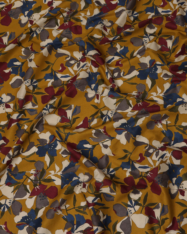 Mustard Blue Maroon Multicolor Floral Print Cotton Lawn Fabric – Artistic Bloom Design, 110 cm Width, Made in Japan-D26841