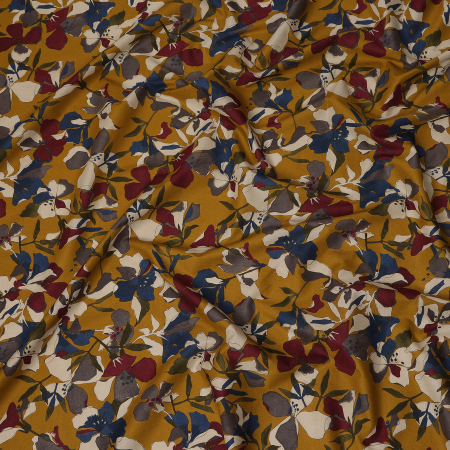 Mustard Blue Maroon Multicolor Floral Print Cotton Lawn Fabric – Artistic Bloom Design, 110 cm Width, Made in Japan-D26841