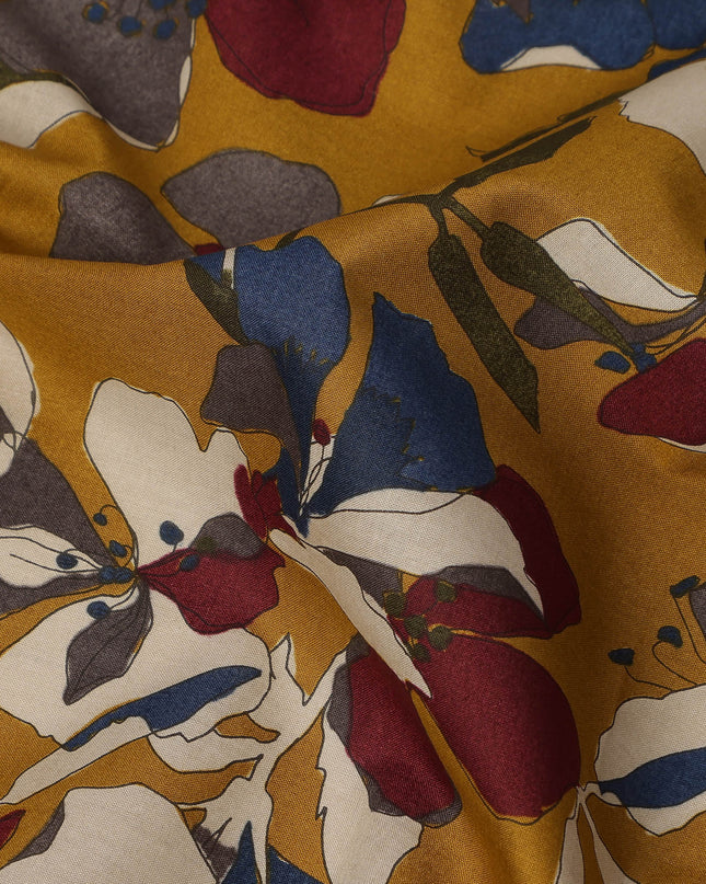 Mustard Blue Maroon Multicolor Floral Print Cotton Lawn Fabric – Artistic Bloom Design, 110 cm Width, Made in Japan-D26841