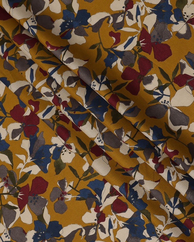 Mustard Blue Maroon Multicolor Floral Print Cotton Lawn Fabric – Artistic Bloom Design, 110 cm Width, Made in Japan-D26841