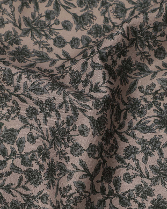 Beige Black Floral Print Cotton Lawn Fabric – Elegant Botanical Design, 110 cm Width, Made in Japan-D26823