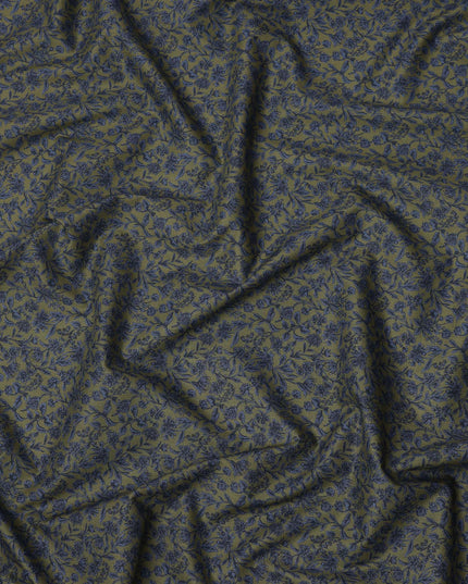 Olive Green Floral Printed Cotton Lawn Fabric Soft Lightweight Breathable Dressmaking Sewing Material 4.0 Meters Length 110 Cms Width India-D27629