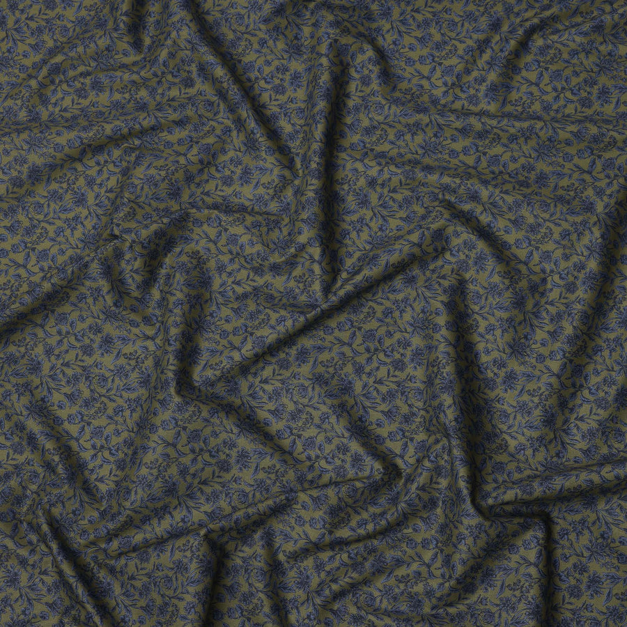 Olive Blue Floral Print Cotton Lawn Fabric – Detailed Botanical Design, 110 cm Width, Made in Japan-D26825