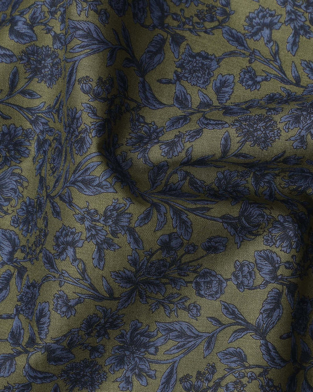 Olive Blue Floral Print Cotton Lawn Fabric – Detailed Botanical Design, 110 cm Width, Made in Japan-D26825