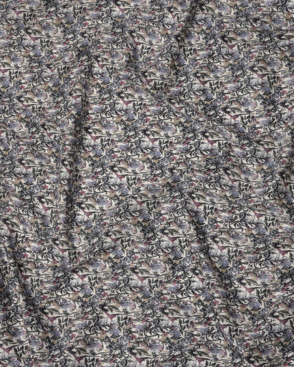 Cream Purple Grey Floral Print Cotton Lawn Fabric – Artistic Botanical Motif, 110 cm Width, Made in Japan-D26831