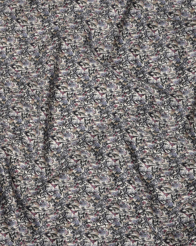 Cream Purple Grey Floral Print Cotton Lawn Fabric – Artistic Botanical Motif, 110 cm Width, Made in Japan-D26831